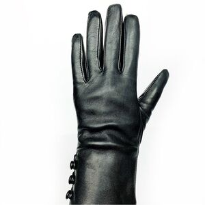 Sleek Black Authentic Leather Gloves With Real Off White Fur Lined Cuffs